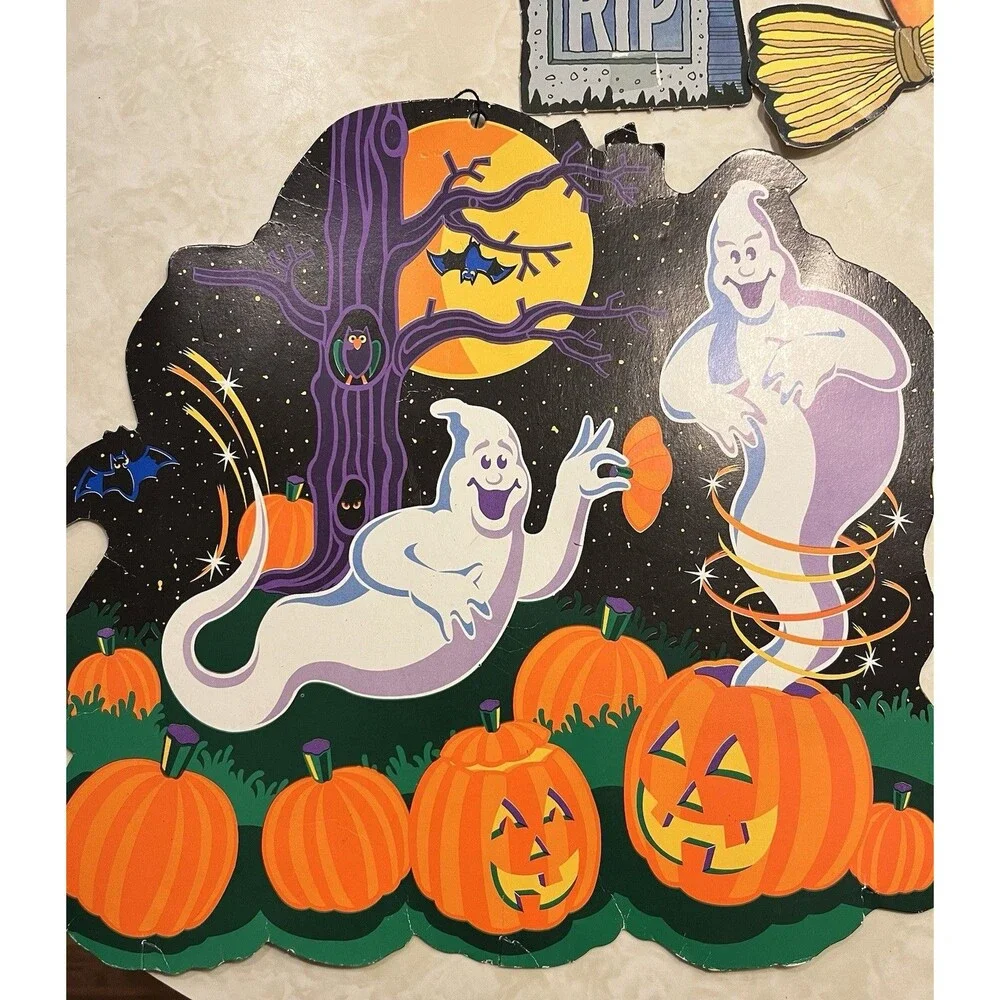 Vtg Beistle Halloween Decorations Die Cut Punch Out Ghosts Cat Jack-o-lantern